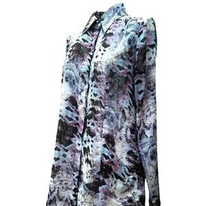 CAbi Sheer Top Size XS Blue Black Purple Button Front Long Sleeve Flowy Artsy